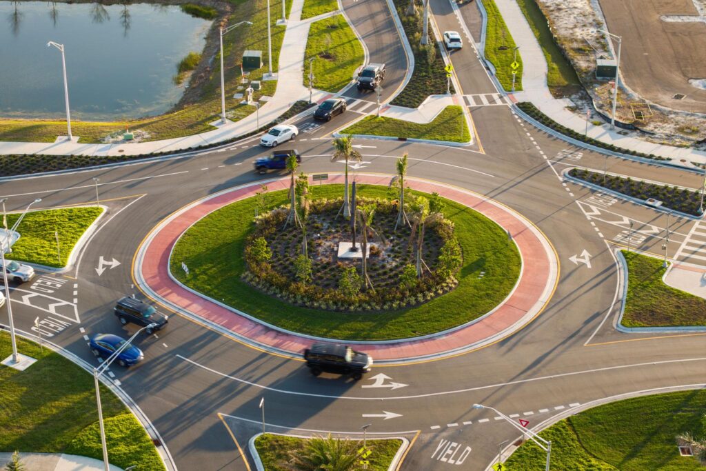 Aerial view of a U.S. roundabout showing cars entering and yielding
